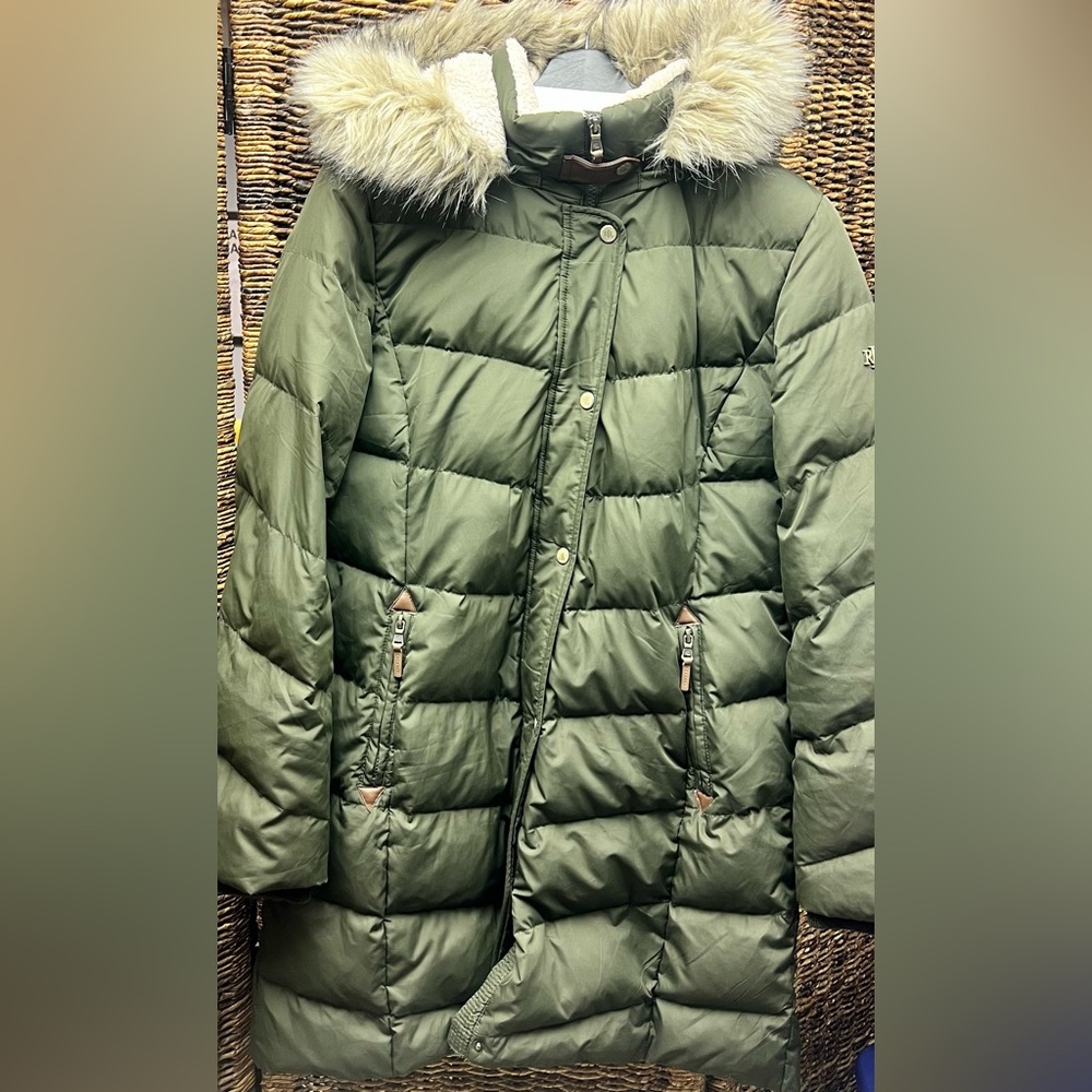 Lauren Ralph Lauren-Olive Green Puffer Jacket with Removable Faux Fur Trim-Large